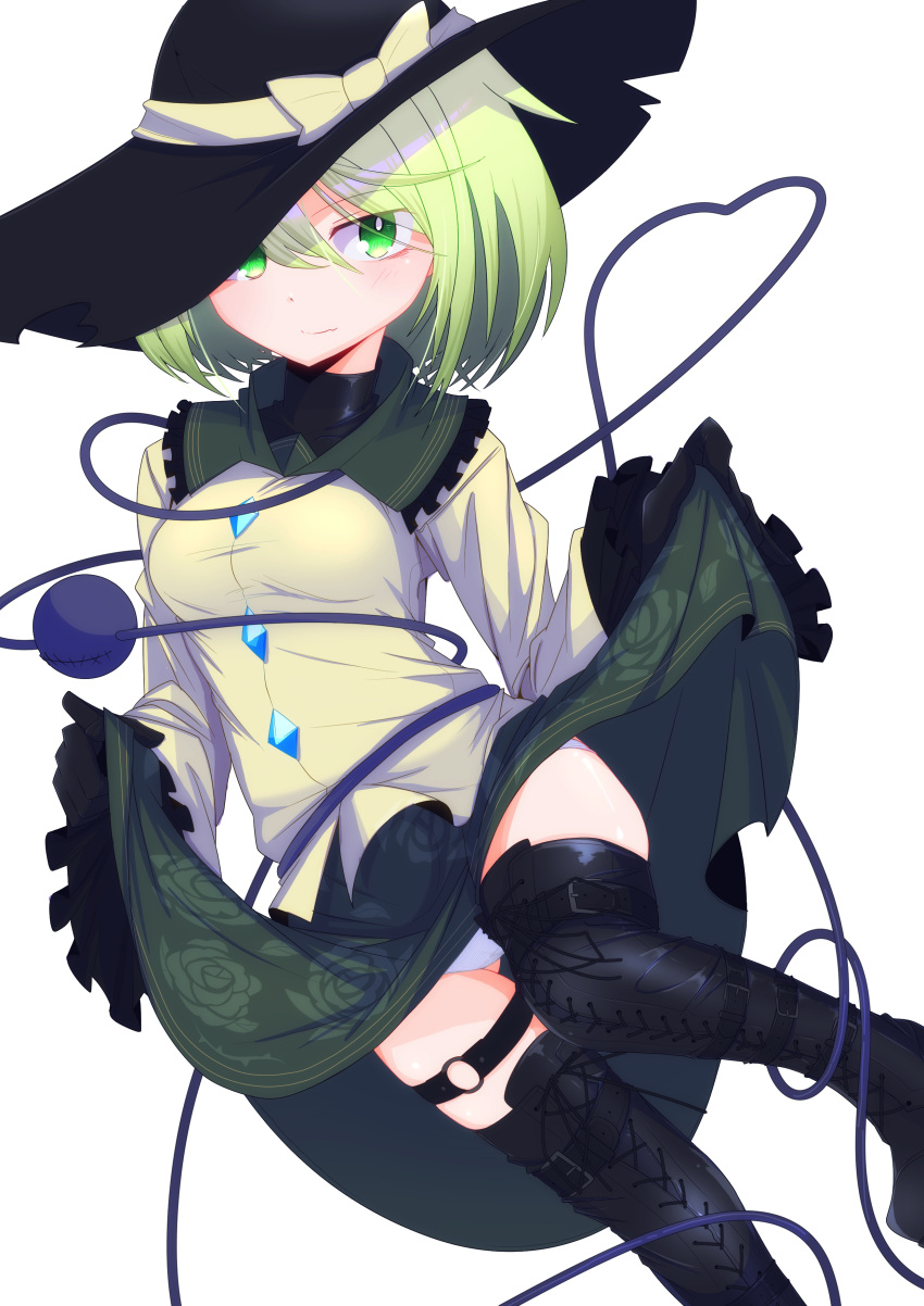 1girl absurdres belt_boots black_footwear black_headwear boots clothes_lift cross-laced_footwear frilled_skirt frills green_eyes green_hair green_skirt hat highres komeiji_koishi lace-up_boots long_sleeves looking_at_viewer menou_74 shirt short_hair skirt skirt_lift solo thigh-highs thigh_boots thigh_strap third_eye touhou white_background yellow_shirt