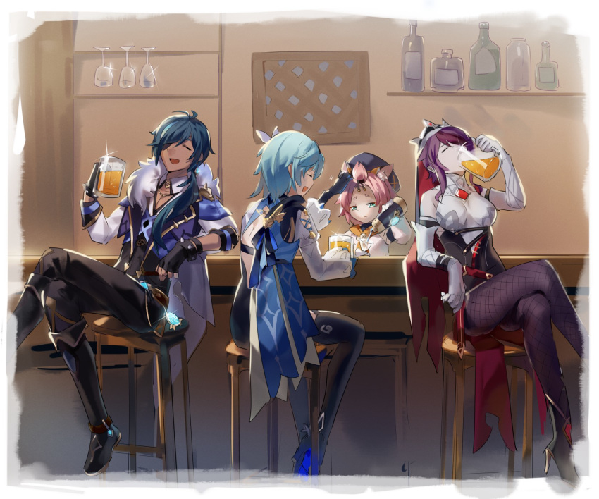 1boy 3girls alcohol animal_ears black_hair breasts cabbie_hat cape cat_ears closed_eyes crossed_legs cup diona_(genshin_impact) drink drinking drinking_glass eula_(genshin_impact) eyepatch fishnet_legwear fishnets genshin_impact grape_(pixiv27523889) green_eyes half-closed_eyes hat highres kaeya_alberich long_hair multiple_girls open_mouth pants petting pink_hair pouring purple_hair rosaria_(genshin_impact) side_ponytail sitting smile stool thigh-highs veil
