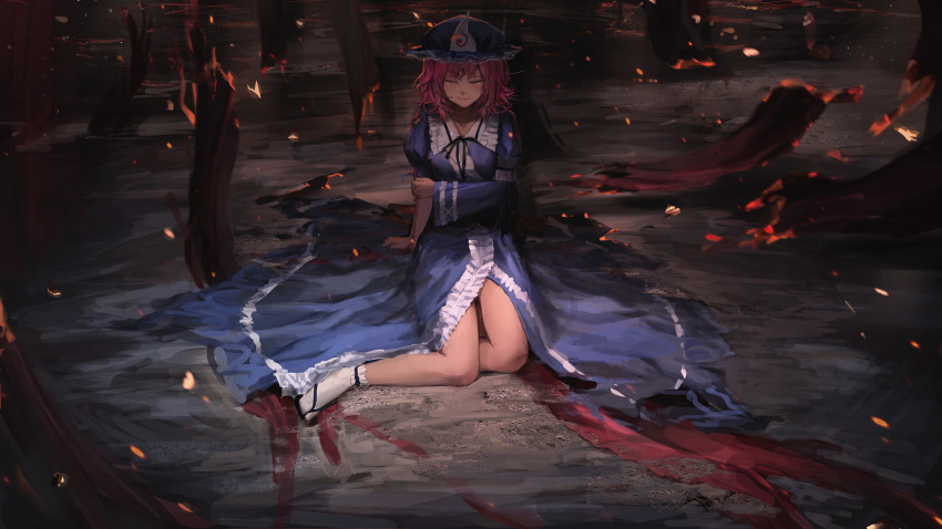 1girl absurdres blue_kimono breasts burning closed_eyes crying defeat full_body ghost grabbing_own_arm hat highres hitodama japanese_clothes kimono lying pink_hair sad saigyouji_yuyuko short_hair touhou triangular_headpiece xumi