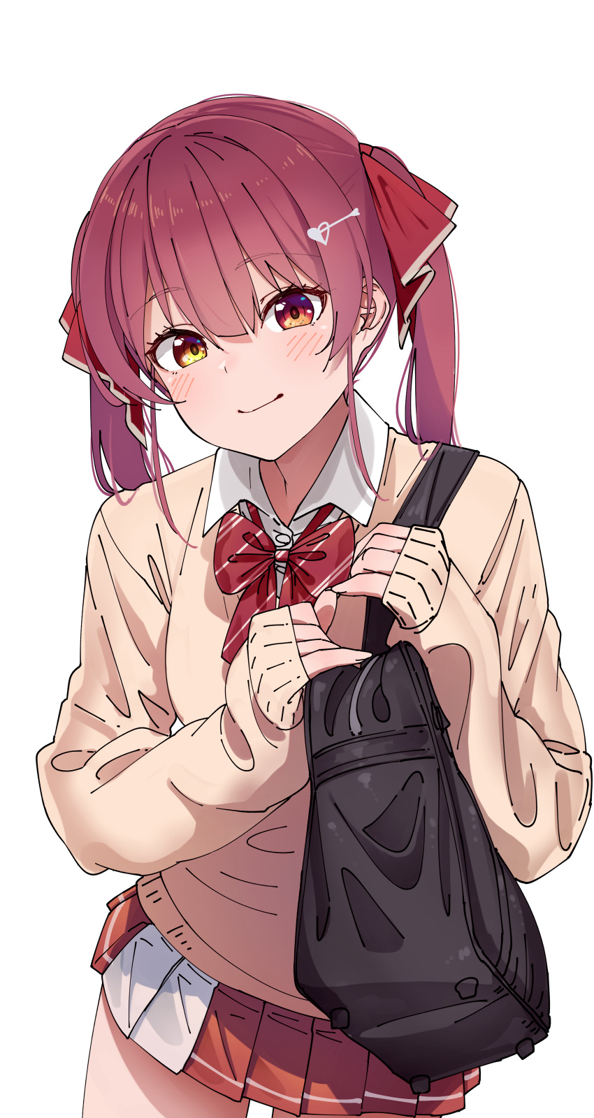 1girl absurdres bag bangs bow bowtie cardigan closed_mouth eyebrows_visible_through_hair hair_ribbon heterochromia highres holding holding_bag hololive houshou_marine long_sleeves looking_at_viewer murakami_ryouga pleated_skirt red_bow red_bowtie red_eyes red_neckwear red_ribbon red_skirt redhead ribbon school_uniform short_hair simple_background skirt solo twintails virtual_youtuber white_background yellow_eyes