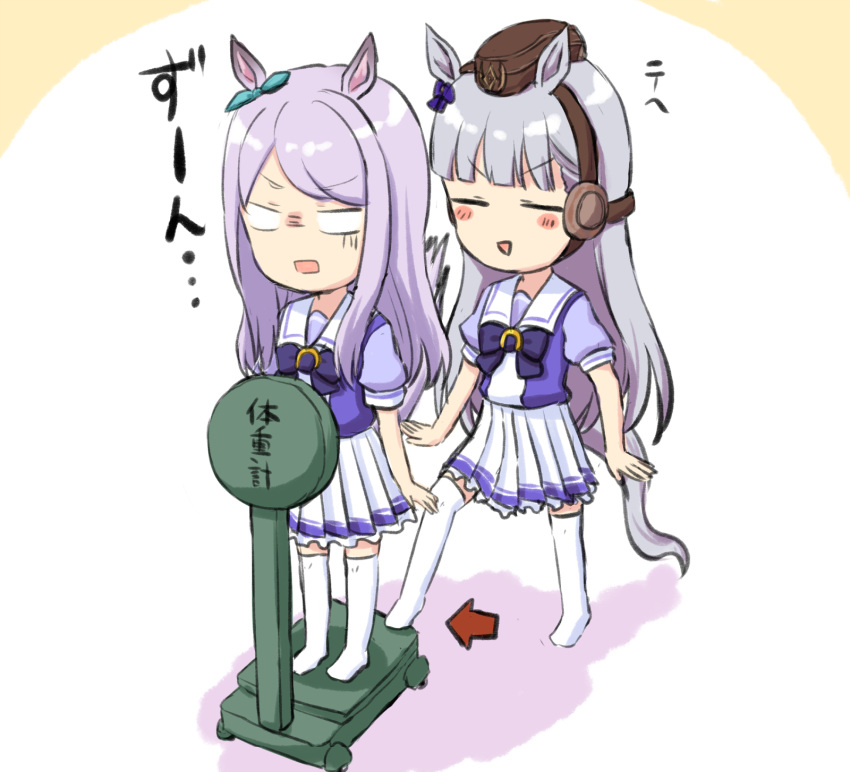 2girls animal_ears aqua_ribbon bangs blunt_bangs bow bowtie brown_headwear closed_eyes commentary_request ear_covers ear_ribbon empty_eyes engiyoshi frilled_skirt frills gold_ship_(umamusume) grey_hair highres horse_ears horse_girl horse_tail horseshoe_ornament long_hair mejiro_mcqueen_(umamusume) multiple_girls open_mouth pillbox_hat pleated_skirt puffy_short_sleeves puffy_sleeves purple_hair purple_neckwear purple_shirt ribbon sailor_collar sailor_shirt scales school_uniform shirt short_sleeves skirt summer_uniform tail thigh-highs tracen_school_uniform umamusume white_legwear white_sailor_collar white_skirt