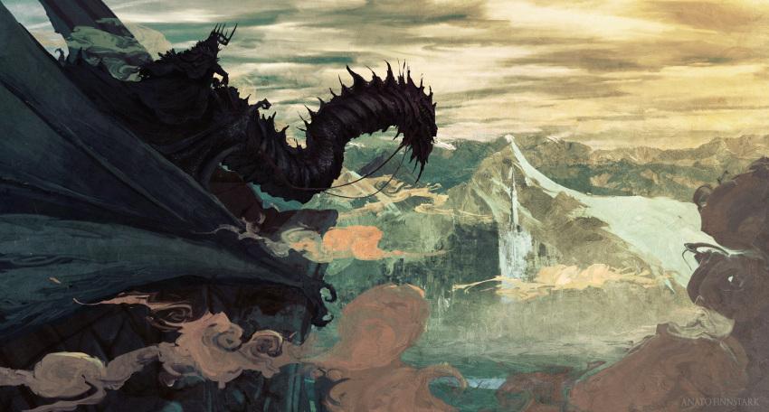 1boy anato_finnstark armor black_cloak city claws cloak clouds cloudy_sky creature crown fellbeast from_side highres legendarium minas_tirith mountain mountainous_horizon nazgul outdoors sky the_lord_of_the_rings wings witch_king_of_angmar