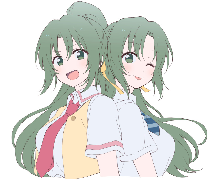 2girls back-to-back bow bowtie breasts commentary_request eyebrows_visible_through_hair green_eyes green_hair hair_between_eyes higurashi_no_naku_koro_ni long_hair looking_at_viewer mugisawa_(kmh0d) multiple_girls one_eye_closed open_mouth ponytail red_neckwear shirt siblings sisters sonozaki_mion sonozaki_shion striped striped_neckwear tongue tongue_out twins upper_body vest white_shirt yellow_vest