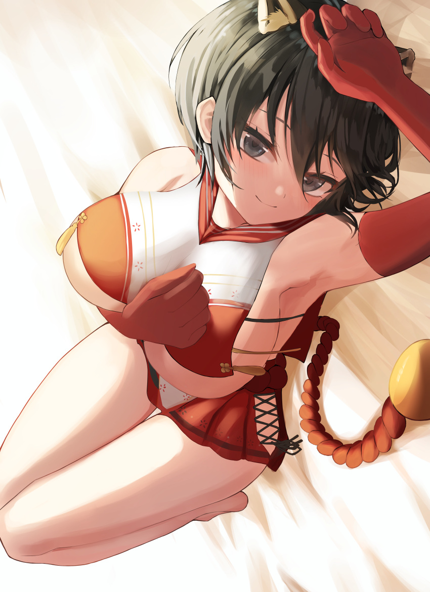 1girl absurdres animal_ear_fluff animal_ears arm_up armpits bangs bare_legs bare_shoulders barefoot bed_sheet black_eyes black_hair blue_archive blush breasts closed_mouth elbow_gloves eyebrows_visible_through_hair gloves hand_on_own_chest highres knees_up large_breasts lkdv looking_at_viewer lying miniskirt on_back on_bed pleated_skirt red_gloves red_skirt revealing_clothes skirt smile solo tassel thigh_gap tsubaki_(blue_archive) under_boob upside-down