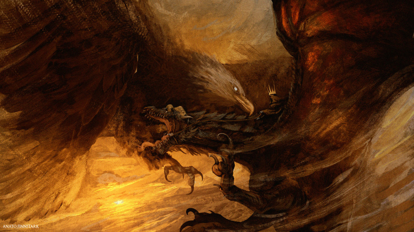1boy anato_finnstark artist_name bird commentary dragon eagle english_commentary fellbeast fighting from_side highres legendarium nazgul the_lord_of_the_rings wings