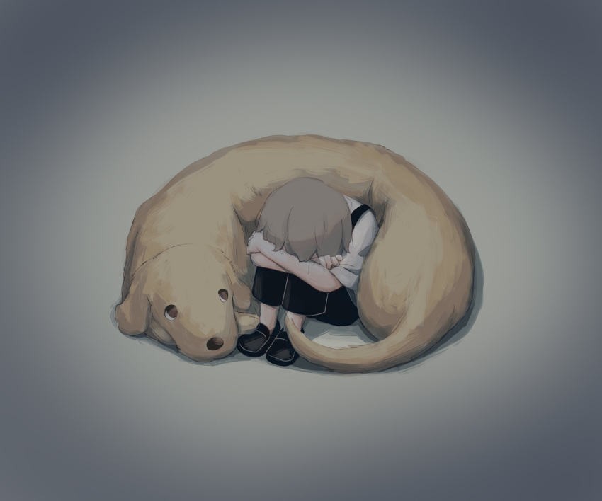 1boy absurdres avogado6 crying curled_up dog grey_background grey_hair highres leg_hug male_focus original shorts simple_background solo suspender_shorts suspenders tears