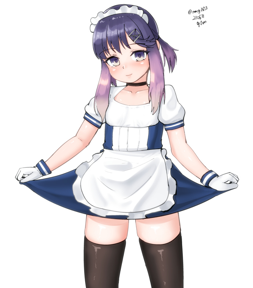 1girl alternate_costume apron black_legwear blouse cowboy_shot enmaided frilled_apron frills gradient_hair highres kantai_collection looking_at_viewer maid maid_headdress maru_(marg0613) multicolored_hair puffy_sleeves purple_hair short_hair short_hair_with_long_locks sidelocks simple_background skirt_hold solo thigh-highs tsushima_(kancolle) twitter_username violet_eyes waist_apron white_apron white_background white_blouse white_hair