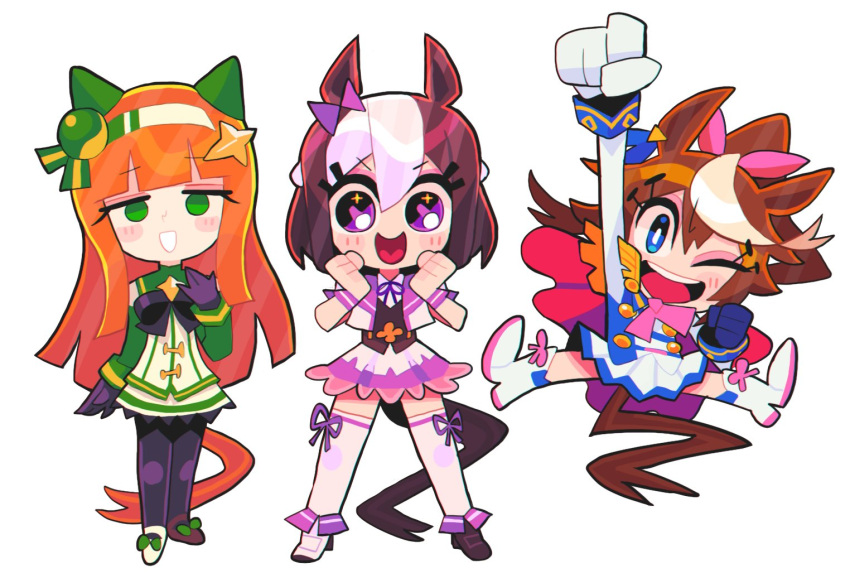 3girls animal_ears bangs black_gloves black_legwear blue_eyes blue_gloves blunt_bangs blush boots brown_hair clenched_hands ear_covers epaulettes eyebrows_visible_through_hair eyelashes gashi-gashi gloves green_eyes hair_ornament hairband horse_ears horse_girl horse_tail long_hair long_sleeves mismatched_footwear mismatched_gloves multicolored_hair multiple_girls one_eye_closed open_mouth orange_hair pantyhose ponytail short_hair short_sleeves silence_suzuka_(umamusume) simple_background single_epaulette special_week_(umamusume) standing streaked_hair tail thigh-highs tokai_teio_(umamusume) umamusume violet_eyes white_background white_footwear white_gloves white_hair white_legwear