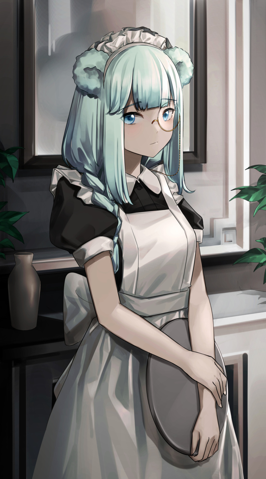 1girl alternate_costume animal_ears apron arknights bangs bear_ears black_dress blue_eyes blue_hair braid cowboy_shot dress enmaided eyebrows_visible_through_hair highres holding holding_tray indoors istina_(arknights) long_hair looking_at_viewer maid maid_apron monocle puffy_short_sleeves puffy_sleeves short_sleeves solo standing tray wakamepiza white_apron