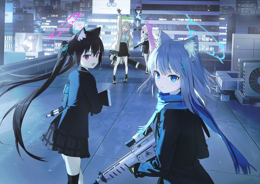 5girls :d ^_^ ahoge animal_ear_fluff animal_ears arm_up assault_rifle ayane_(blue_archive) black_gloves black_hair black_jacket black_skirt blazer blue_archive blue_eyes blue_scarf breasts brown_jacket building closed_eyes closed_mouth commentary_request fingerless_gloves gloves grey_hair gun hair_ornament halo highres holding holding_gun holding_weapon hologram hoshino_(blue_archive) jacket long_hair medium_breasts multiple_girls night nonomi_(blue_archive) open_clothes open_jacket open_mouth outdoors pink_hair pleated_skirt red_eyes rifle scarf school_uniform serika_(blue_archive) shiroko_(blue_archive) shirt sig_sauer_556 skirt smile twintails very_long_hair wasabi60 weapon weapon_request white_shirt yawning