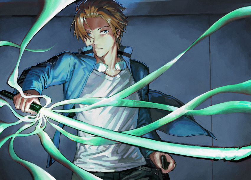 1boy black_pants blue_eyes blue_jacket brown_hair closed_mouth expressionless glasses glowing glowing_weapon hair_over_one_eye hand_up high_collar highres holding holding_weapon incoming_attack indoors jacket jin_yuuichi long_sleeves looking_at_viewer male_focus motion_blur oki_xfourty pants shirt short_hair solo standing sword tinted_eyewear uniform unsheathed weapon white_shirt world_trigger