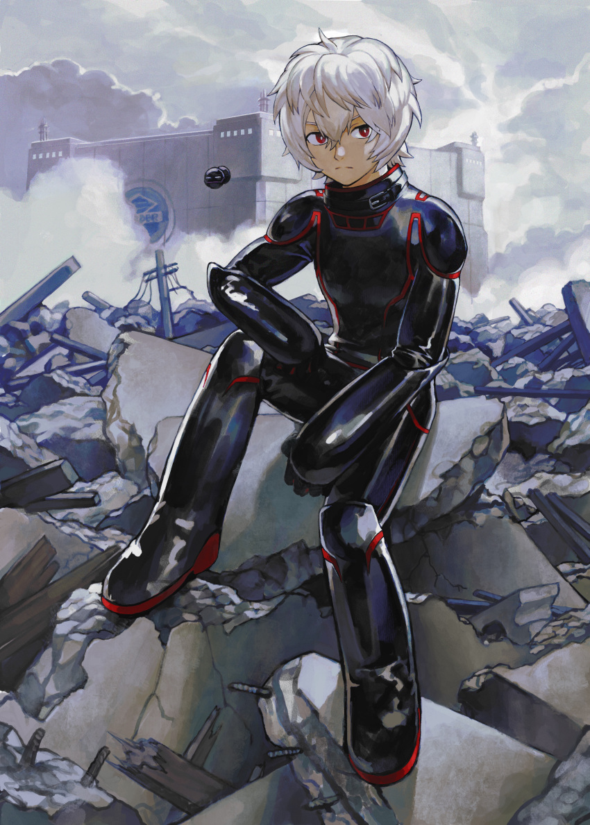 1boy absurdres armor belt belt_buckle black_gloves buckle building closed_mouth dust_cloud expressionless full_body gloves highres jumpsuit knee_up kuga_yuuma male_focus oki_xfourty outdoors power_lines red_eyes replica rubble short_hair sideways_glance sitting solo_focus transformation utility_pole white_hair world_trigger