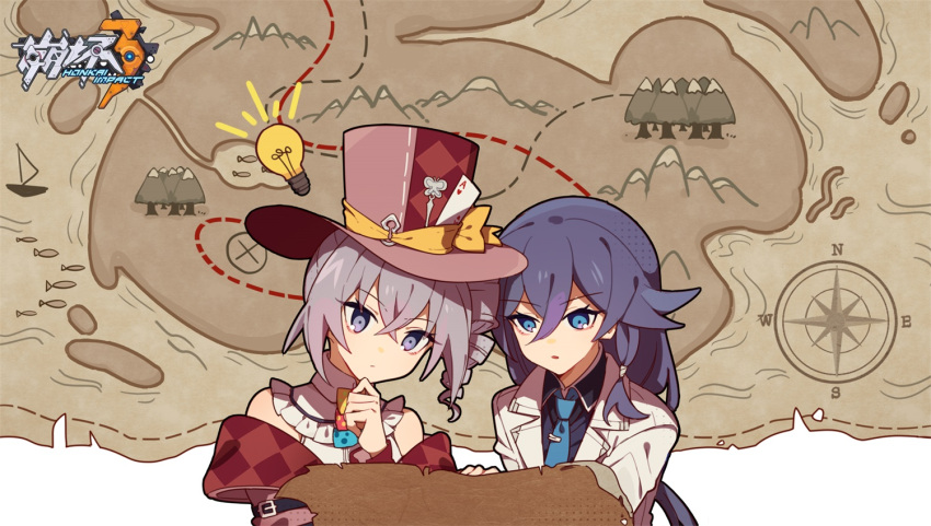 2girls bangs bare_shoulders black_hair blue_eyes bronya_zaychik bronya_zaychik_(wolf's_dawn) card closed_mouth drill_hair fu_hua fu_hua_(night_squire) grey_eyes grey_hair hair_between_eyes hand_on_own_chin hand_on_own_face hat honkai_(series) honkai_impact_3rd jacket light_bulb looking_at_object map meadow_(morphinecaca) multiple_girls necktie playing_card simple_background white_background white_jacket