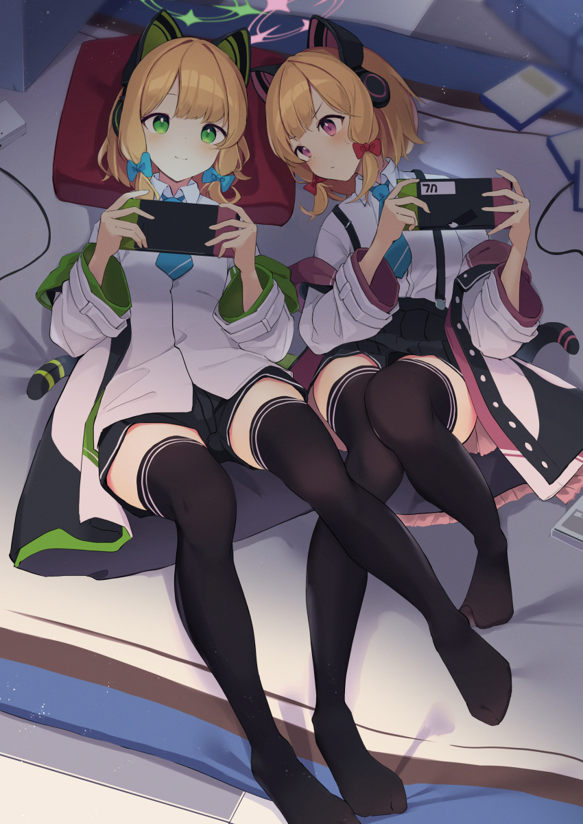 2girls absurdres animal_ears black_legwear black_shorts black_skirt blue_archive blue_bow blue_neckwear blush bow cat_ear_headphones cat_ears cat_tail closed_mouth collared_shirt commentary_request dress_shirt fake_animal_ears green_eyes hair_bow halo headphones highres holding jacket knee_up long_sleeves looking_at_viewer lying midori_(blue_archive) mizu_(lzzrwi603) momoi_(blue_archive) multiple_girls nintendo_switch no_shoes off_shoulder on_back open_clothes open_jacket pink_eyes pleated_skirt red_bow shirt short_shorts shorts sidelocks skirt smile suspender_skirt suspenders sweat tail thigh-highs twintails white_jacket white_shirt wide_sleeves