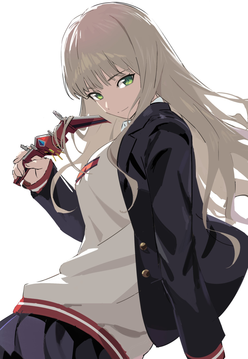 1girl absurdres bangs beige_sweater black_jacket black_skirt blazer blonde_hair breasts bum_hico dyna_wing eyebrows_visible_through_hair floating_hair from_side green_eyes gridman_universe head_tilt highres holding holding_toy jacket long_hair looking_at_viewer medium_breasts minami_yume school_uniform skirt smile solo ssss.dynazenon toy white_background