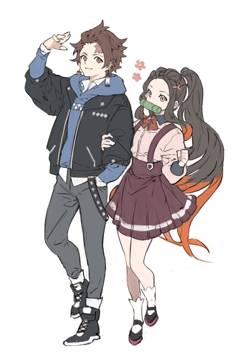 1boy 1girl alternate_costume bit_gag black_footwear black_hair brother_and_sister brown_eyes brown_hair casual earrings gag hand_in_pocket highres hood hood_down hooded_jacket hoodie jacket jewelry kamado_nezuko kamado_tanjirou kimetsu_no_yaiba long_hair long_sleeves multicolored_hair pants papajay_(jennygin2) pink_eyes pink_shirt ponytail red_neckwear redhead scar scar_on_face shirt shoes siblings sidelocks simple_background skirt sneakers standing suspender_skirt suspenders white_background