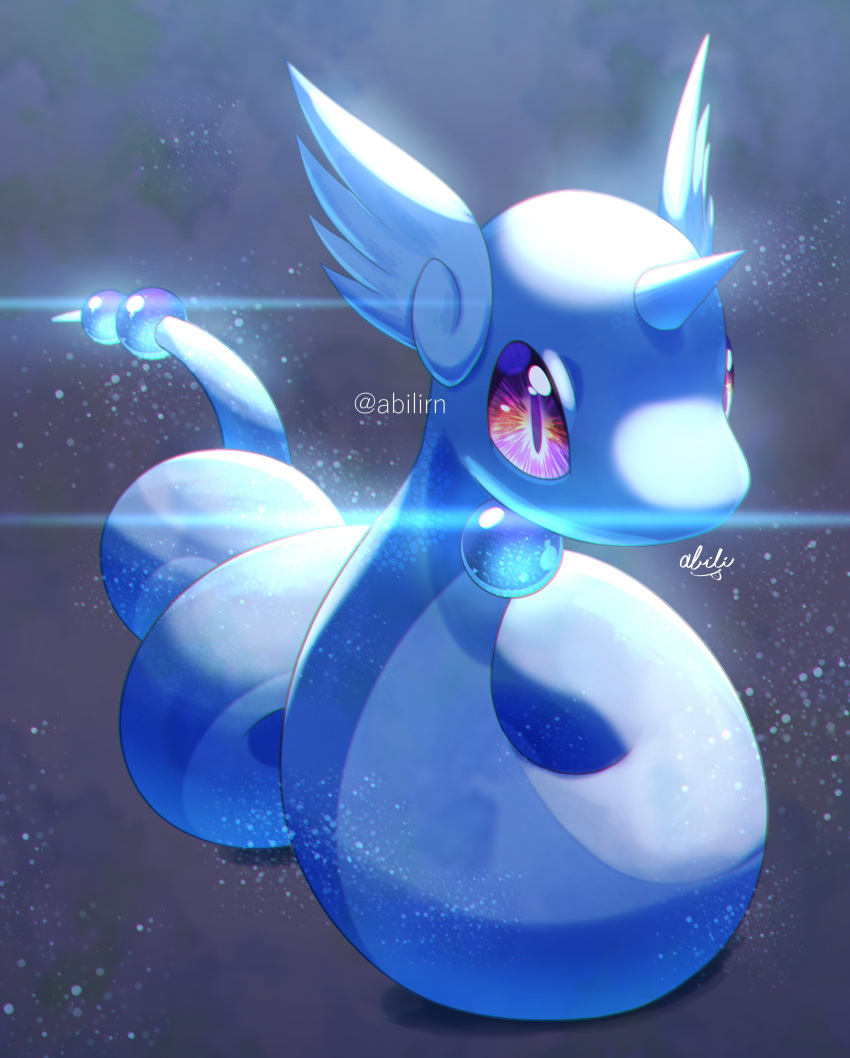 absurdres commentary_request dragonair full_body gen_1_pokemon highres horns no_humans pokemer pokemon pokemon_(creature) signature single_horn solo twitter_username violet_eyes watermark