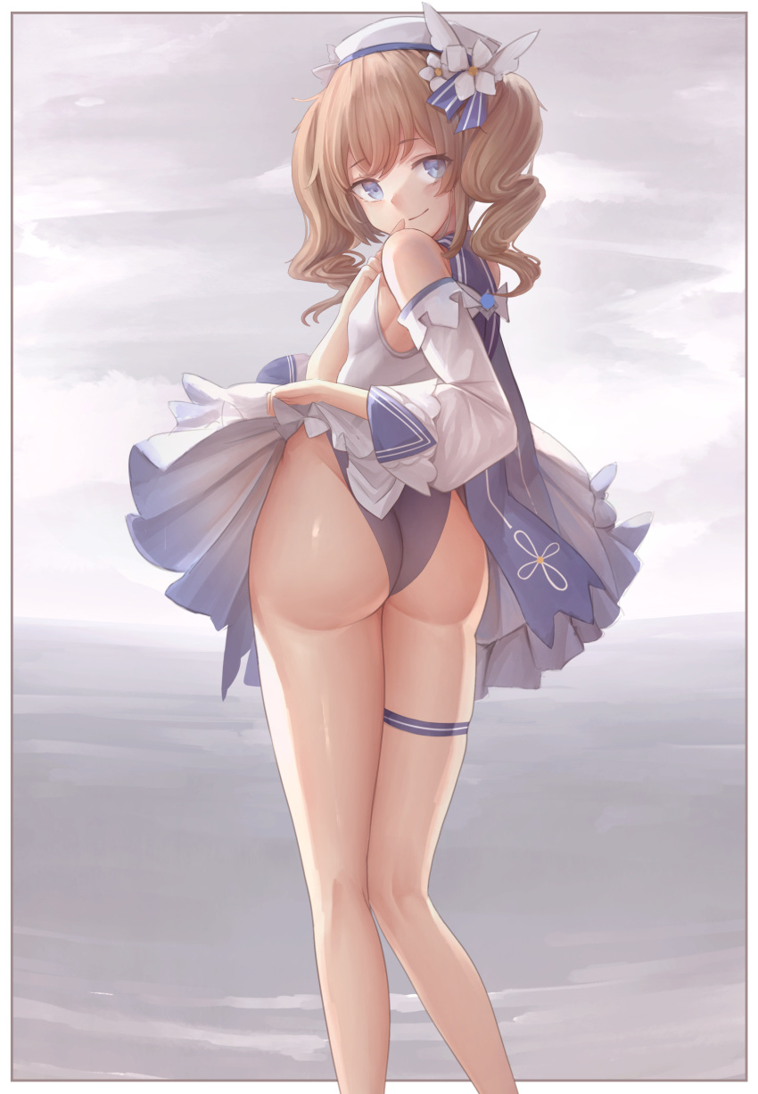 1girl absurdres ass barbara_pegg bare_legs bare_shoulders detached_sleeves drill_hair frilled_skirt frills from_behind genshin_impact hair_ornament hat highres index_finger_raised legs long_sleeves looking_at_viewer looking_back ocean one-piece_swimsuit sailor_hat skirt sleeveless standing swimsuit swimsuit_under_clothes twin_drills twintails