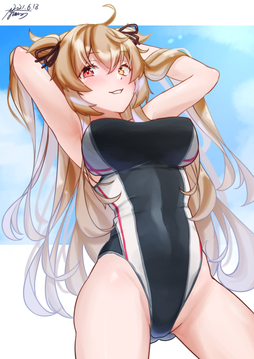 1girl ayuman black_swimsuit breasts brown_eyes competition_swimsuit covered_navel from_below hair_flaps heterochromia highleg highleg_swimsuit highres kantai_collection large_breasts light_brown_hair long_hair murasame_(kancolle) one-piece_swimsuit red_eyes remodel_(kantai_collection) solo swimsuit two_side_up