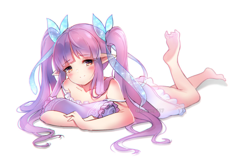 1girl bangs barefoot blush brown_eyes cawang eyebrows_visible_through_hair full_body hair_ribbon kyouka_(princess_connect!) long_hair lying nightgown on_stomach pointy_ears princess_connect! purple_hair ribbon simple_background solo strap_slip twintails very_long_hair white_background