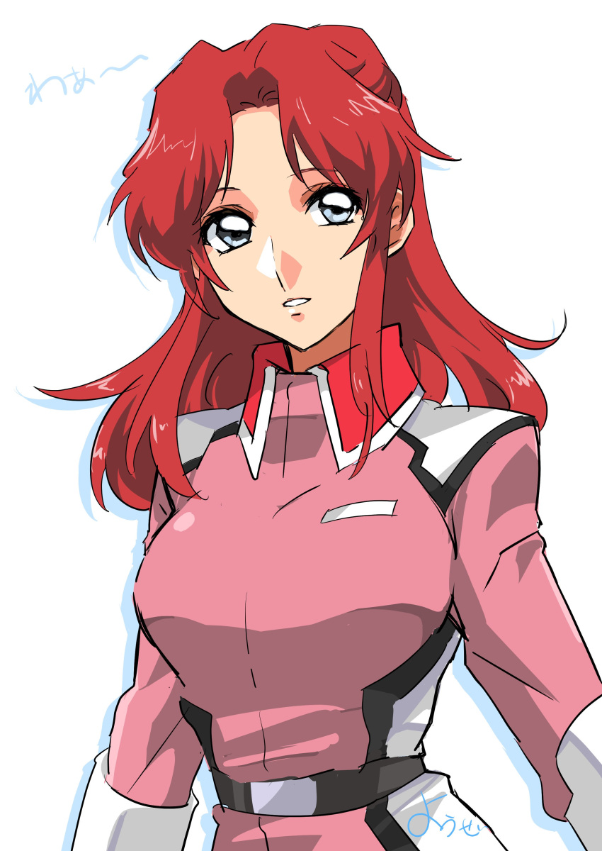 1girl absurdres blue_eyes flay_allster gundam gundam_seed highres jacket long_hair looking_at_viewer military military_uniform parted_lips pink_jacket redhead shiina_yousei shiny shiny_hair solo standing uniform upper_body white_background wing_collar