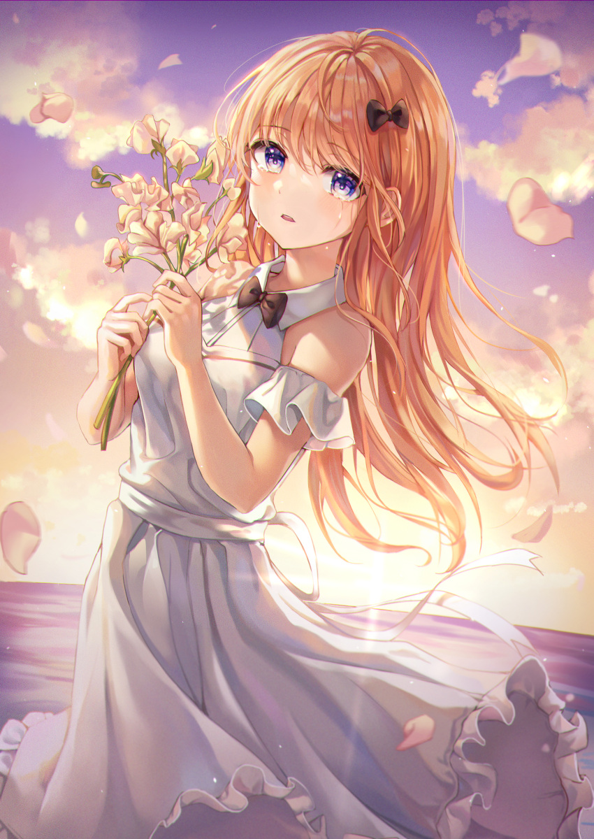 1girl absurdres bare_shoulders black_bow black_neckwear blonde_hair blush bow bowtie clouds crying crying_with_eyes_open dress flower frilled_dress frills hair_bow highres holding holding_flower huge_filesize lime1125 long_hair looking_at_viewer open_mouth original outdoors petals pink_flower sky sleeveless sleeveless_dress solo standing sunset tears violet_eyes white_dress