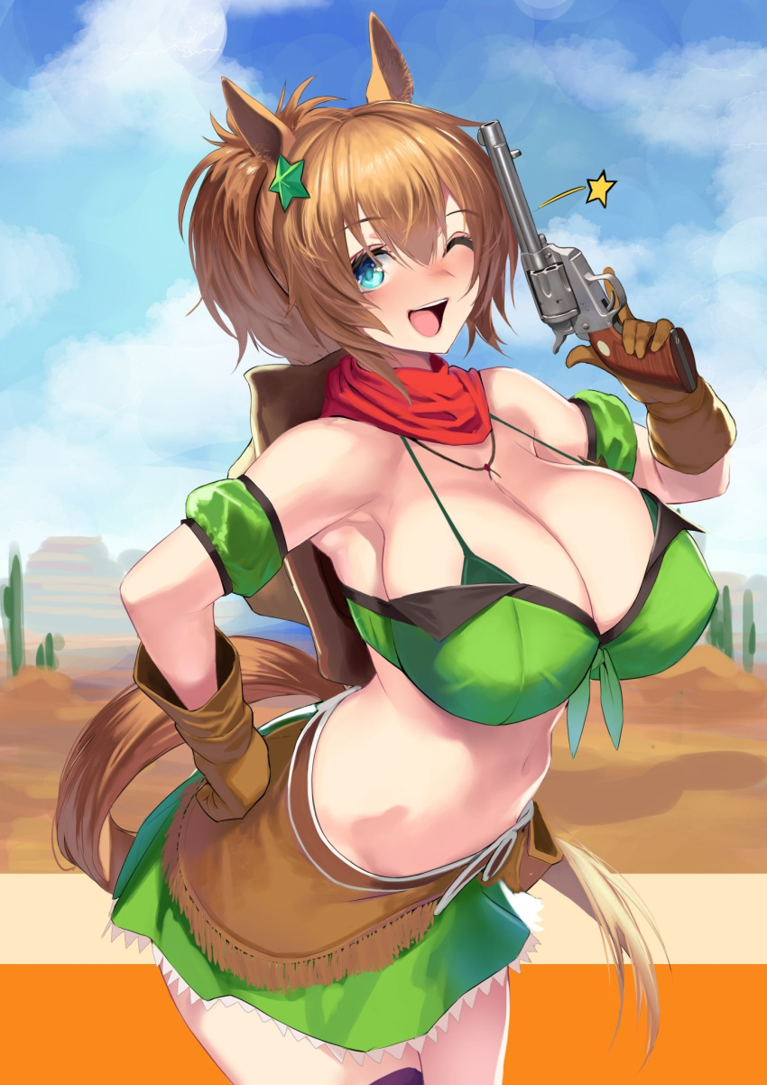 1girl ;d animal_ears blue_eyes blue_sky breasts brown_gloves brown_hair brown_headwear clouds commentary_request day gen_(black_factory) gloves green_skirt gun hair_ornament hand_on_hip hat hat_on_back highres holding holding_gun holding_weapon horse_ears horse_girl horse_tail huge_breasts midriff navel one_eye_closed open_mouth outdoors ponytail revolver short_hair skirt sky smile solo star_(symbol) star_hair_ornament taiki_shuttle_(umamusume) tail umamusume weapon