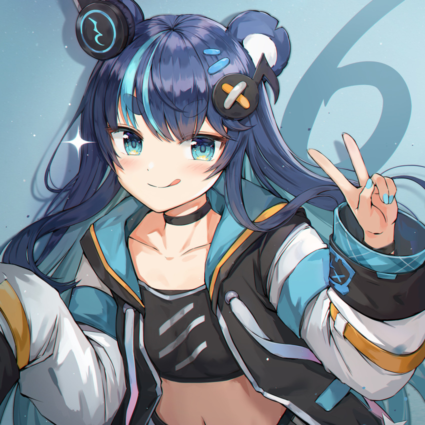 1girl animal_ears bear_ears blue_background blue_eyes blue_nails choker fujikura_uruka hair_ornament headphones highres hood hoodie long_hair long_sleeves looking_at_viewer luzzi_(milllim) multicolored_hair navel one_eye_closed phase_connect solo tongue tongue_out two-tone_hair v virtual_youtuber