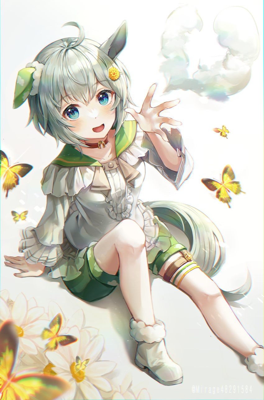 1girl :d absurdres ahoge animal_ears arm_support arm_up bangs bare_legs blue_eyes blush boots bug butterfly choker ear_covers eyebrows_visible_through_hair flower frilled_shirt frills green_sailor_collar green_shorts highres horse_ears horse_girl horse_tail huge_filesize insect long_sleeves looking_at_viewer mirage_(rairudiseu) open_mouth red_choker sailor_collar seiun_sky_(umamusume) shirt short_hair shorts silver_hair smile solo tail thigh_strap umamusume white_background white_flower white_footwear white_shirt yellow_butterfly