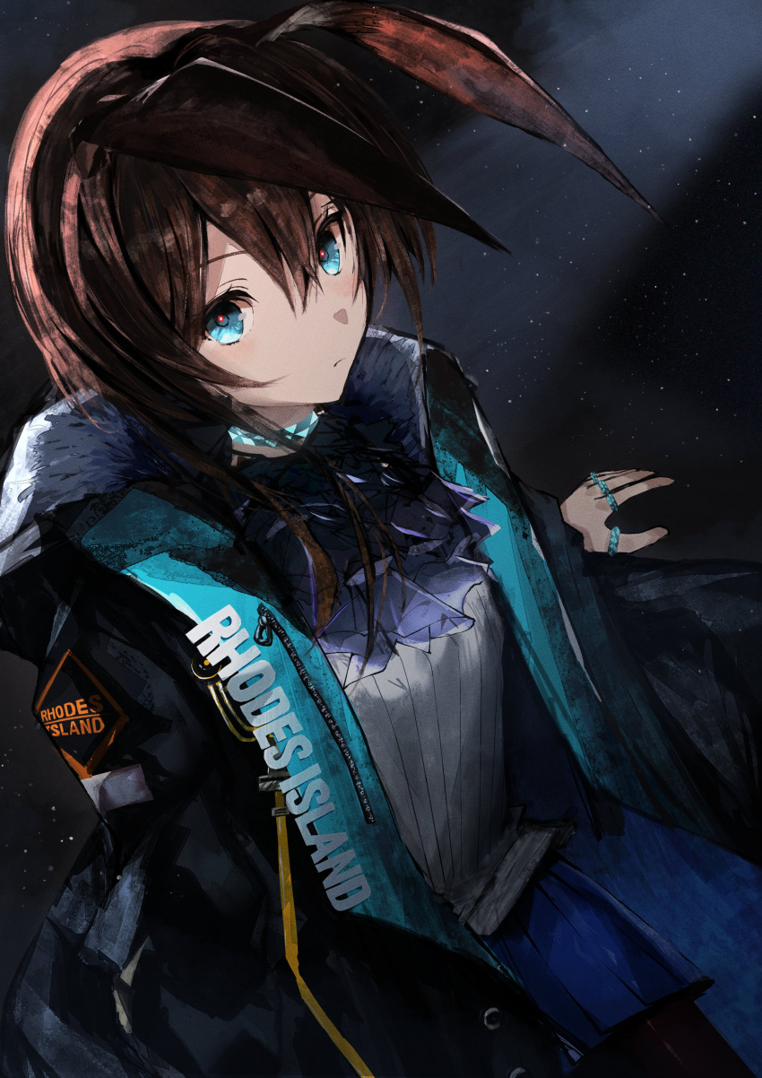 1girl absurdres amiya_(arknights) animal_ears arknights bangs black_background black_jacket blue_eyes blue_skirt blush breasts brown_hair center_frills closed_mouth clothes_writing commentary eyebrows_visible_through_hair frills from_above hair_between_eyes highres hood hood_down hooded_jacket jacket long_hair long_sleeves looking_at_viewer obake_(amimonoobake) open_clothes open_jacket pleated_skirt rabbit_ears shirt skirt small_breasts solo