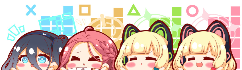 &gt;_&lt; 4girls :d absurdres ahoge animal_ears arisu_(blue_archive) black_hair black_hairband blonde_hair blue_archive blue_bow blue_eyes blush bow braid brown_hair cat_ear_headphones cat_ears chibi closed_mouth commentary_request fake_animal_ears forehead hair_bow hairband hands_up headphones highres kurukurumagical midori_(blue_archive) momoi_(blue_archive) multiple_girls one_side_up open_mouth parted_lips red_bow ringed_eyes sidelocks smile twintails yuzu_(blue_archive)