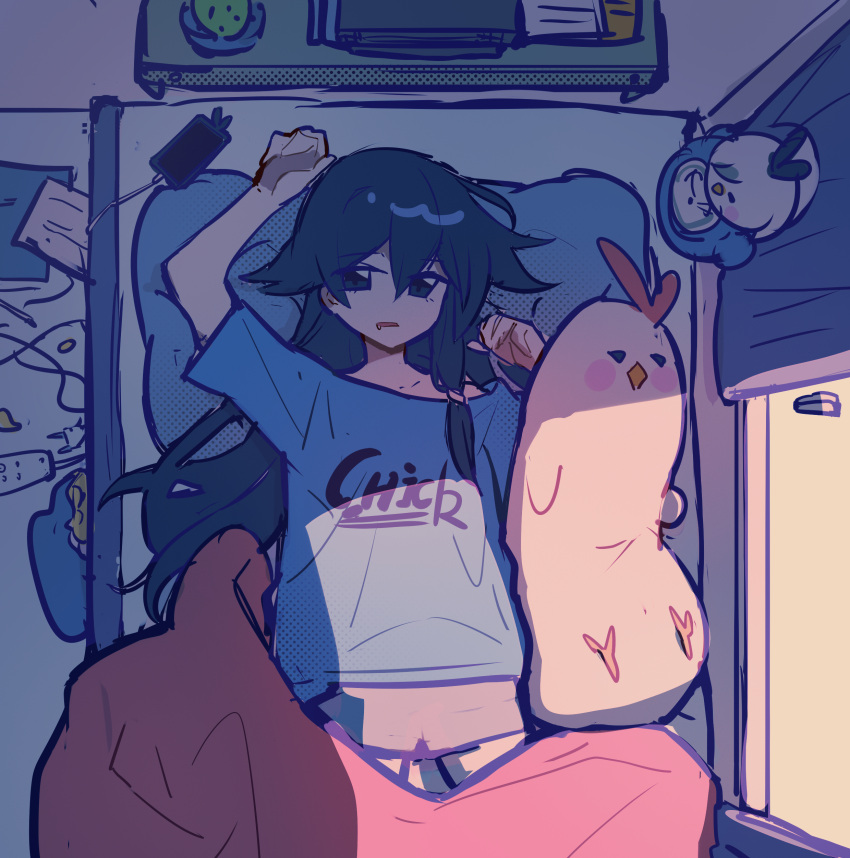 1girl absurdres alarm_clock bangs bed bed_sheet bird black_hair blue_eyes blue_shirt chicken clock curtains from_above fu_hua hair_between_eyes highres honkai_(series) honkai_impact_3rd indoors long_hair meadow_(morphinecaca) messy_hair messy_room messy_sleeper open_mouth pajamas phone pillow saliva shirt stuffed_animal stuffed_toy sunlight waking_up window