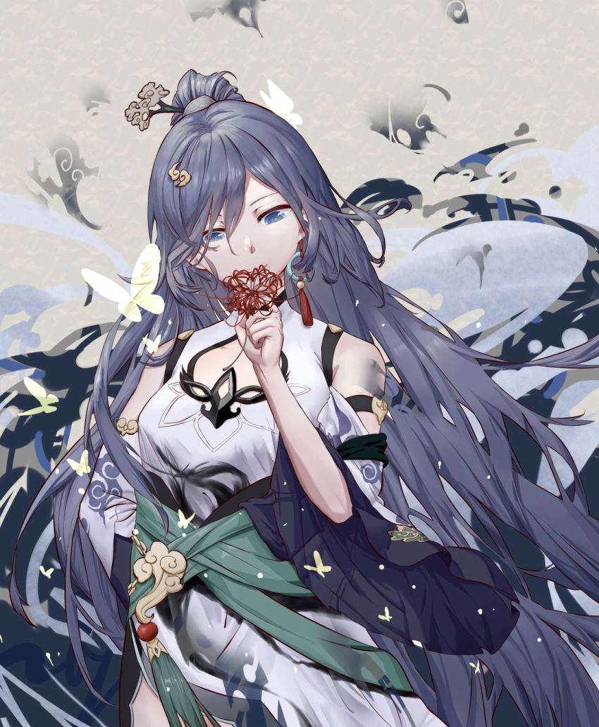 1girl bangs bare_shoulders black_hair blue_eyes breasts bug butterfly china_dress chinese_clothes dress flower fu_hua fu_hua_(azure_empyrea) grey_background hair_over_one_eye highres holding holding_flower honkai_(series) honkai_impact_3rd insect long_hair looking_at_viewer ponytail red_flower small_breasts solo spider_lily wow+ yellow_butterfly