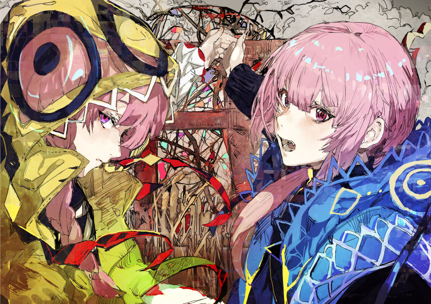 2girls abstract_background braid capelet dual_persona expressionless highres hiranko holding_hands hood hood_down hood_up hooded_capelet interlocked_fingers kaf long_hair long_sleeves looking_at_viewer multicolored multicolored_eyes multiple_girls open_mouth pink_hair profile see-through side_braid side_ponytail single_braid teeth upper_body virtual_kaf virtual_youtuber