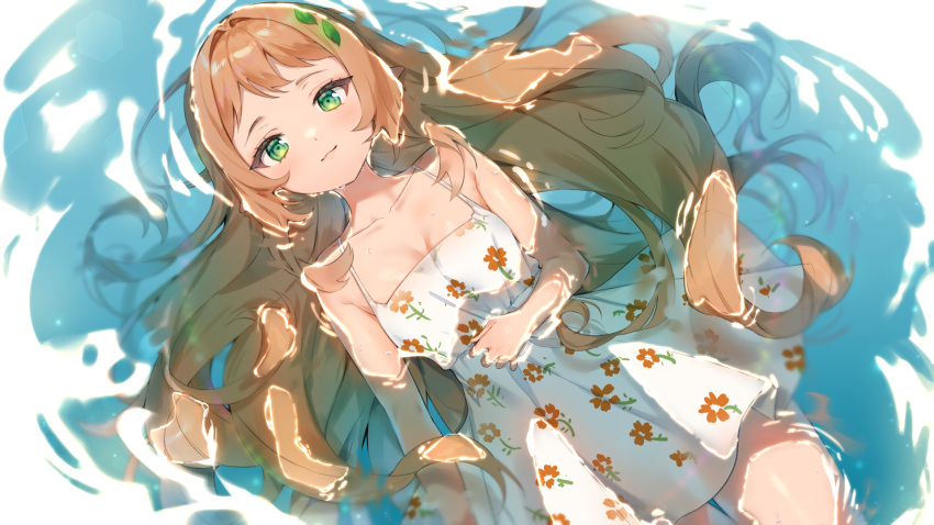 1girl bangs bare_arms bare_shoulders breasts brown_hair cheli_(kso1564) closed_mouth commentary_request dress floral_print green_eyes hair_intakes highres leaf leaf_on_head long_hair looking_at_viewer lying medium_breasts official_art on_back original partially_submerged pleated_dress print_dress shallow_water sleeveless sleeveless_dress smile solo very_long_hair water white_dress