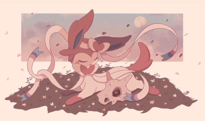 2-gou_(181poyo) blush_stickers closed_eyes commentary crack cubone gen_1_pokemon gen_6_pokemon highres leaves_in_wind lying no_humans on_stomach open_mouth paws pokemon pokemon_(creature) skull solo sylveon toes