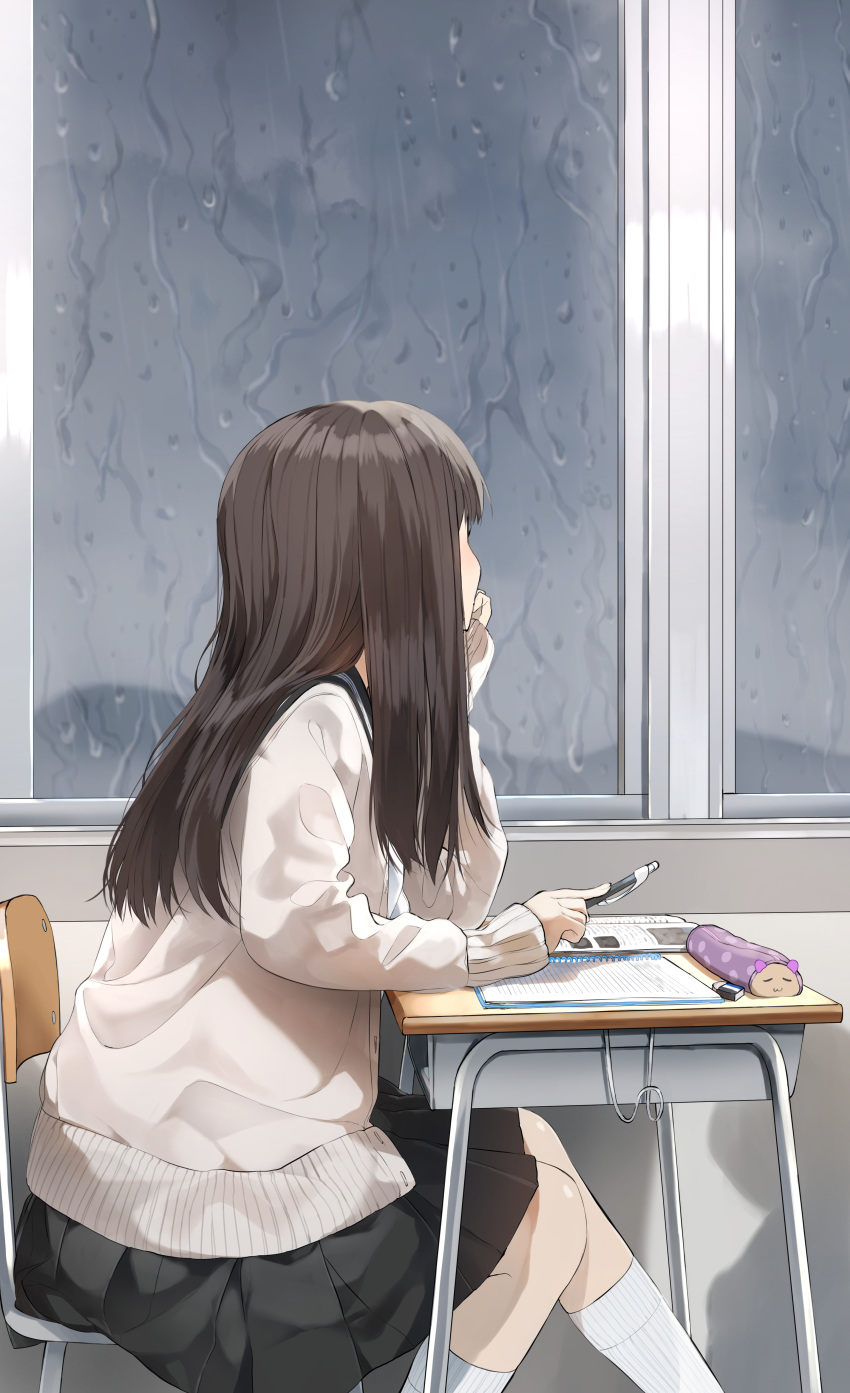 1girl absurdres black_skirt blush brown_hair cardigan chair commentary_request desk facing_away feet_out_of_frame highres holding holding_pencil indoors long_hair long_sleeves open_cardigan open_clothes original pencil pencil_case pentagon_(railgun_ky1206) pleated_skirt rain ribbed_legwear school_chair school_desk school_uniform sitting skirt sleeves_past_wrists socks solo water_drop white_cardigan white_legwear window