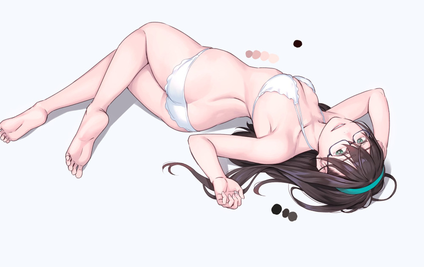 1girl alternate_costume arms_up ass bare_arms bare_legs bare_shoulders barefoot bikini black_hair blush breasts collarbone eyebrows_visible_through_hair feet from_above full_body glasses green_eyes hairband highres kantai_collection long_hair looking_at_viewer lying on_side ooyodo_(kancolle) parted_lips semi-rimless_eyewear simple_background small_breasts smile soles solo string_bikini swimsuit symbol_commentary toes under-rim_eyewear white_background white_bikini yuuji_(and)