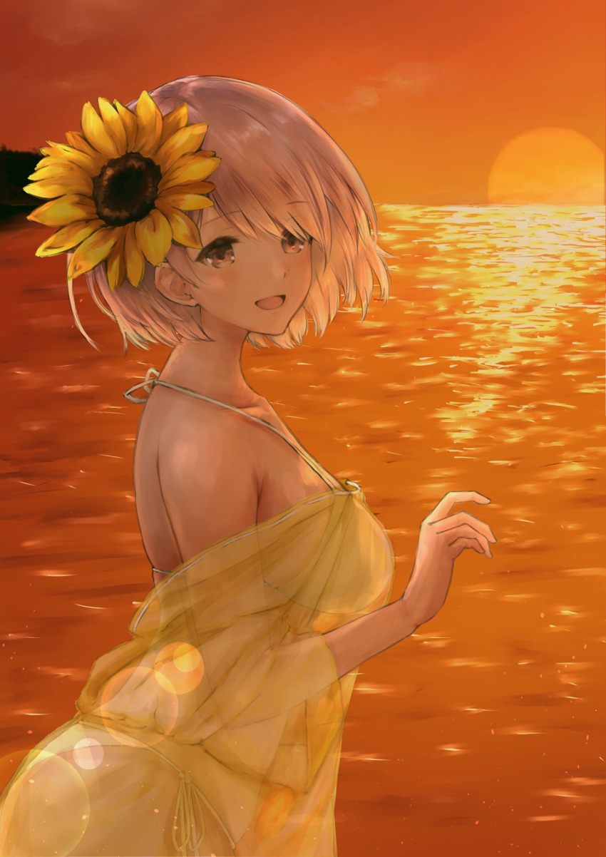 1girl artist_request bare_shoulders bikini blush breasts brown_eyes collarbone commentary_request eyebrows_visible_through_hair fate/grand_order fate_(series) floating_hair flower green_swimsuit hair_between_eyes hair_flower hair_ornament highres large_breasts light_blush looking_at_viewer mash_kyrielight ocean open_mouth orange_sky outdoors pink_hair see-through short_hair sky smile solo summer sun sunflower sunflower_hair_ornament sunlight sunset swimsuit water yellow_flower