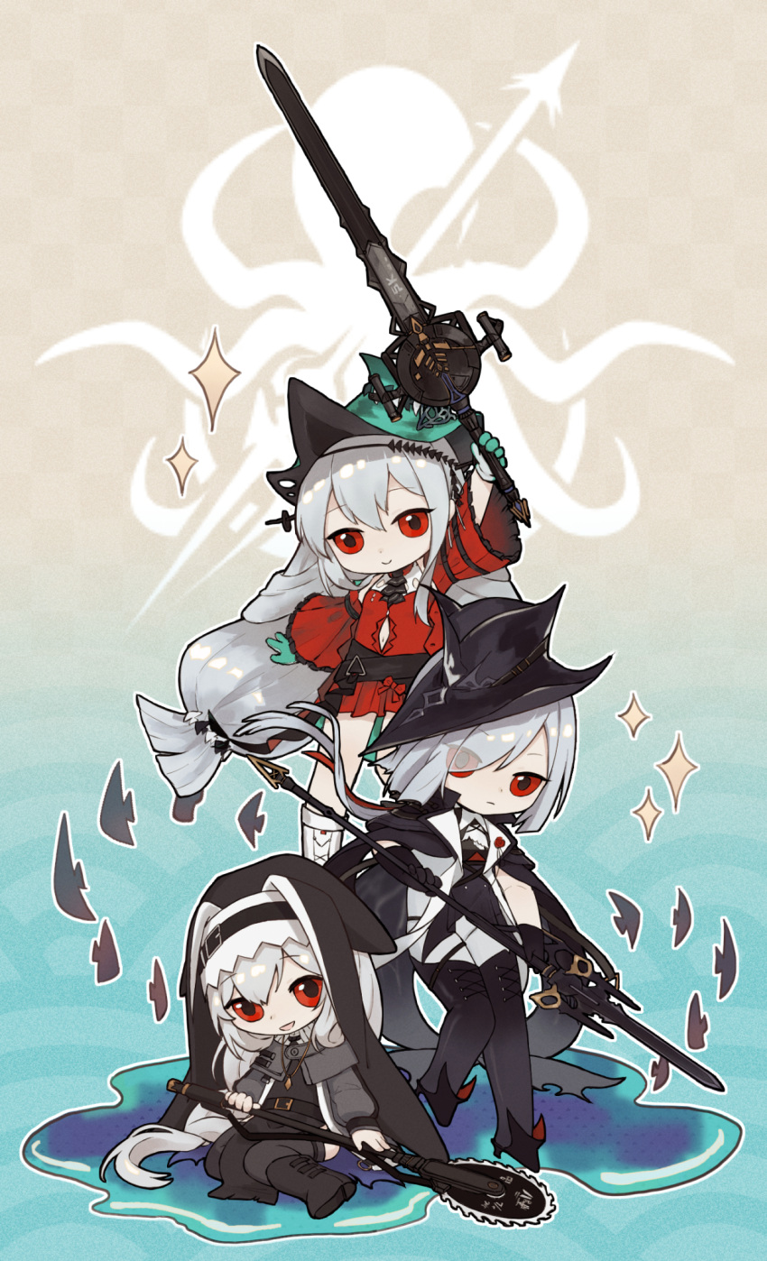 3girls :d abyssal_hunters_logo arknights ascot bare_shoulders black_coat black_dress black_footwear black_gloves black_headwear black_neckwear boots braid chibi clothing_cutout coat dress elbow_gloves eyes_visible_through_hair full_body gladiia_(arknights) gloves hair_between_eyes hair_over_one_eye hat highres holding holding_spear holding_sword holding_weapon long_hair long_sleeves looking_at_viewer multiple_girls navel navel_cutout open_mouth pants pointy_ears polearm red_dress red_eyes ribbed_sweater short_dress silver_hair sitting skadi_(arknights) skadi_the_corrupting_heart_(arknights) smile spear specter_(arknights) sweater sword thigh-highs thigh_boots weapon white_neckwear white_pants white_sweater wu_yang yokozuwari