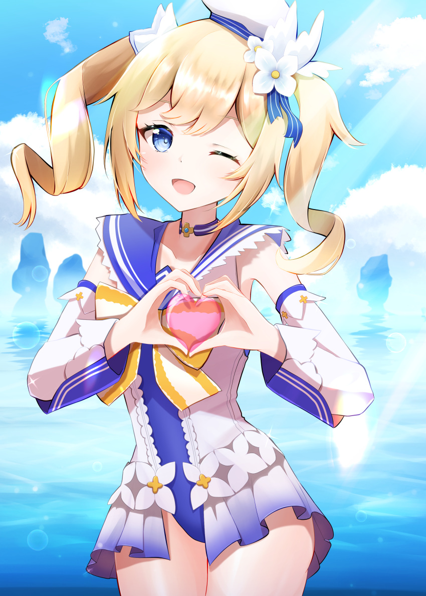 1girl ;d absurdres barbara_pegg bare_shoulders beach blonde_hair blue_eyes blue_sky choker clouds cloudy_sky day dress drill_hair frilled_dress frills genshin_impact hair_ornament happy hat heart heart_hands highres looking_at_viewer mattsi_hbkk ocean one-piece_swimsuit one_eye_closed open_mouth sailor_hat sky smile summer sunlight swimsuit twintails