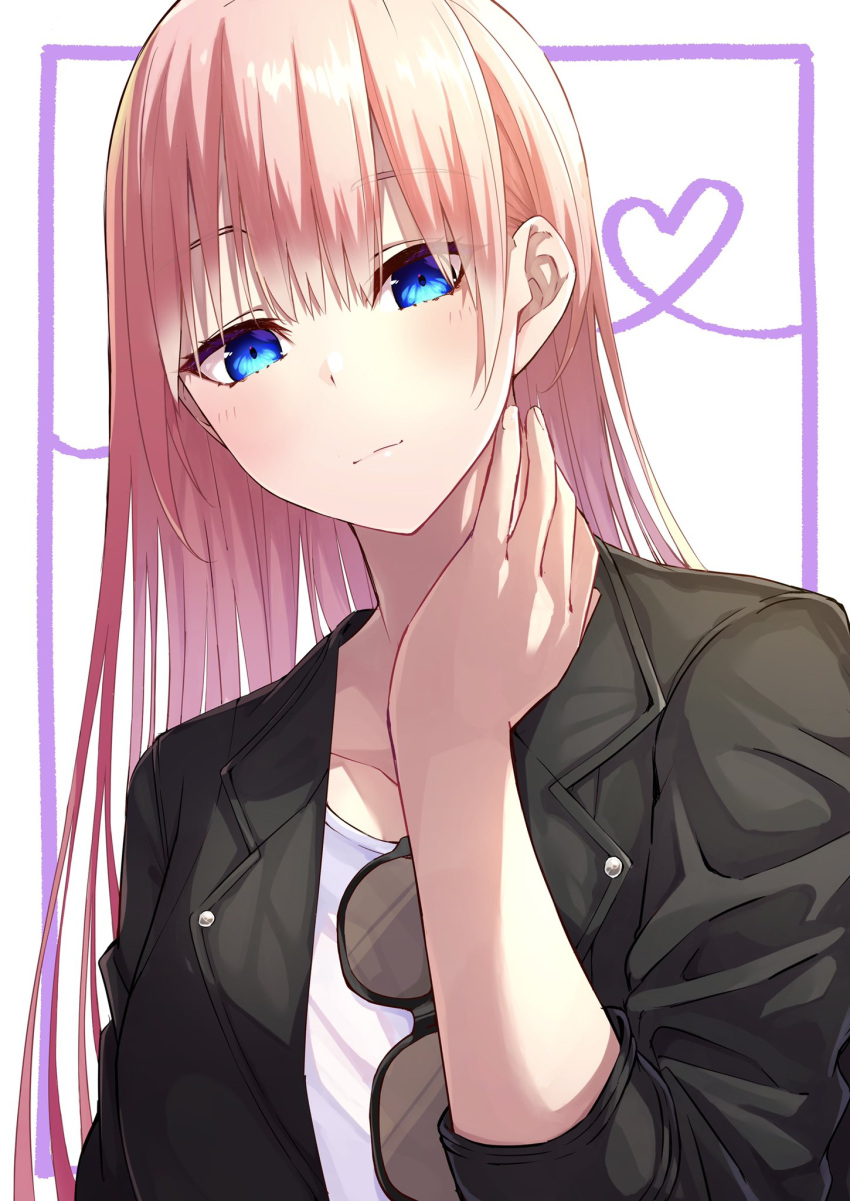 1girl bangs black_jacket blue_eyes commentary_request eyebrows_visible_through_hair eyes_visible_through_hair go-toubun_no_hanayome hair_between_eyes hand_on_own_neck highres jacket light_smile long_hair long_sleeves nakano_ichika open_clothes open_jacket pink_hair shirt solo sunglasses tamago_sando upper_body white_background white_shirt