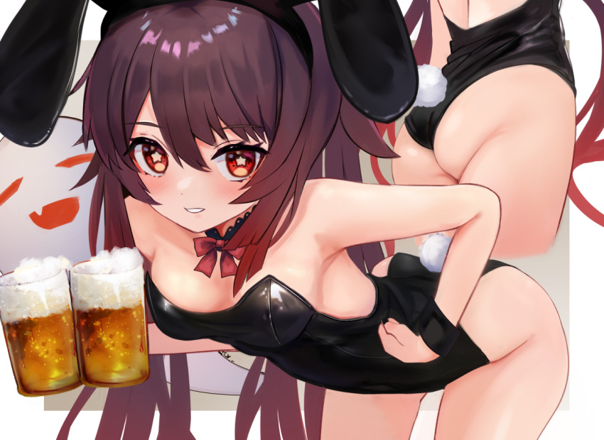 1girl alcohol animal_ears ass bare_shoulders beer beer_mug bent_over black_leotard bow bowtie breasts bunny_tail cup drink genshin_impact ghost holding holding_drink hu_tao_(genshin_impact) leotard looking_at_viewer marisayaka mug rabbit_ears solo star-shaped_pupils star_(symbol) symbol-shaped_pupils tail twintails