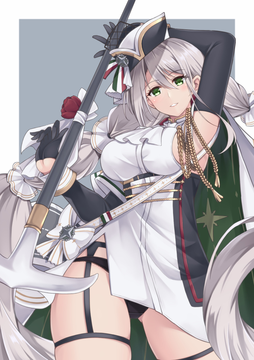 1girl aiguillette aquila_(azur_lane) arm_up arm_warmers armpits ascot azur_lane bangs black_gloves black_headwear black_panties black_straps bow braid breasts cape commentary cowboy_shot dress eyebrows_visible_through_hair garter_belt gloves green_cape green_eyes groin hair_between_eyes half_gloves hammer hat highres holding holding_hammer large_breasts long_hair looking_at_viewer multi-tied_hair panties parted_lips rei_(09991) side_slit sidelocks silver_hair simple_background skindentation sleeveless sleeveless_dress smile solo standing thigh_strap tilted_headwear two-tone_cape under_boob underwear very_long_hair war_hammer weapon white_bow white_dress white_headwear white_neckwear wrist_cuffs