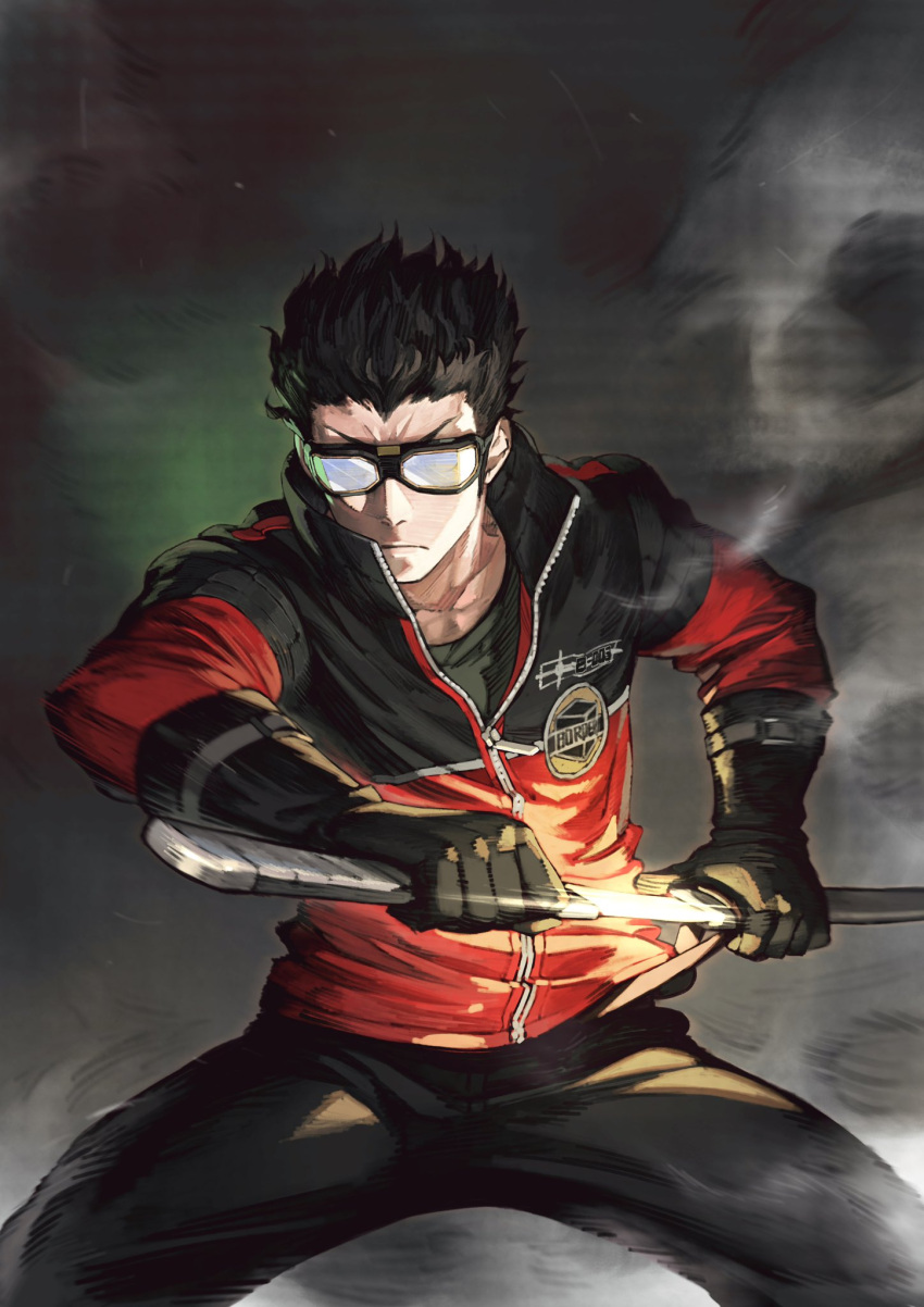 &gt;:( 1boy black_gloves black_hair black_pants black_shirt border_uniform collarbone dust feet_out_of_frame fighting_stance glasses gloves glowing glowing_sword glowing_weapon goggles grey_background hair_slicked_back high_collar highres holding holding_weapon ikoma_tatsuhito incoming_attack jacket jun_(seojh1029) legs_apart long_sleeves male_focus opaque_glasses pants partially_opaque_glasses partially_unzipped scabbard serious sheath shirt short_hair sideways_glance solo standing sword uniform unsheathing v-shaped_eyebrows weapon world_trigger