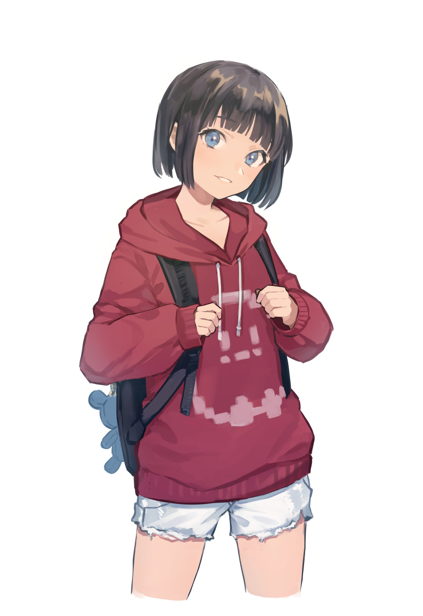 1girl absurdres backpack bag bag_charm bangs black_hair blue_eyes charm_(object) cropped_legs cutoffs drawstring eyebrows_visible_through_hair head_tilt highres hood hood_down long_sleeves looking_at_viewer original parted_lips puffy_long_sleeves puffy_sleeves red_hood saino short_hair short_shorts shorts simple_background sleeves_past_wrists solo stuffed_animal stuffed_toy teddy_bear white_background white_shorts