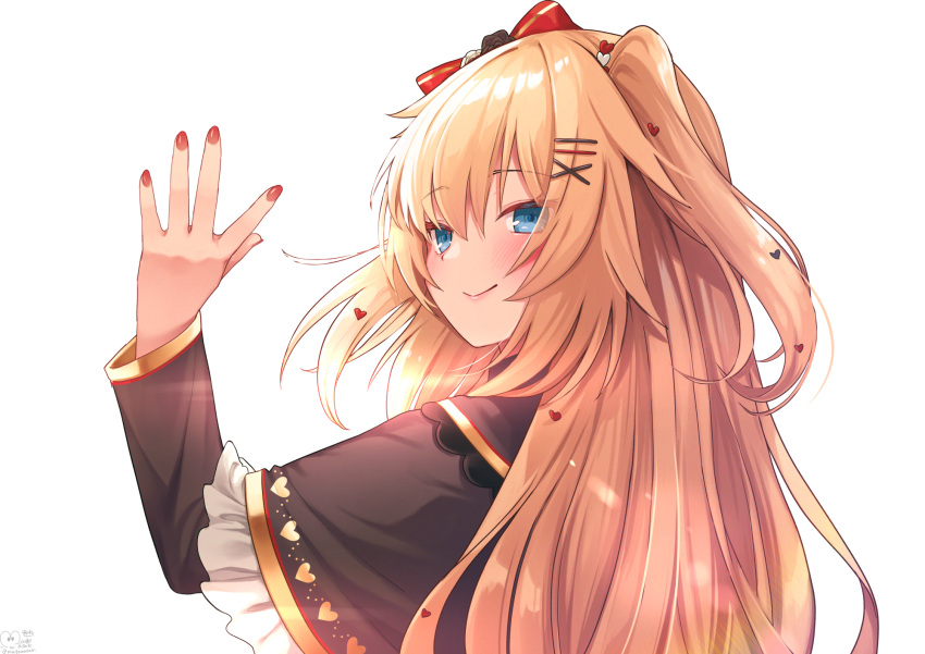 1girl akai_haato bangs black_capelet blonde_hair blue_eyes blush bow capelet commentary eyebrows_visible_through_hair eyes_visible_through_hair frilled_capelet frills hair_between_eyes hair_bow hair_ornament heart heart_hair_ornament highres hololive long_hair long_sleeves looking_at_viewer magowasabi nail_polish red_bow red_nails signature smile solo twitter_username two_side_up upper_body virtual_youtuber white_background x_hair_ornament