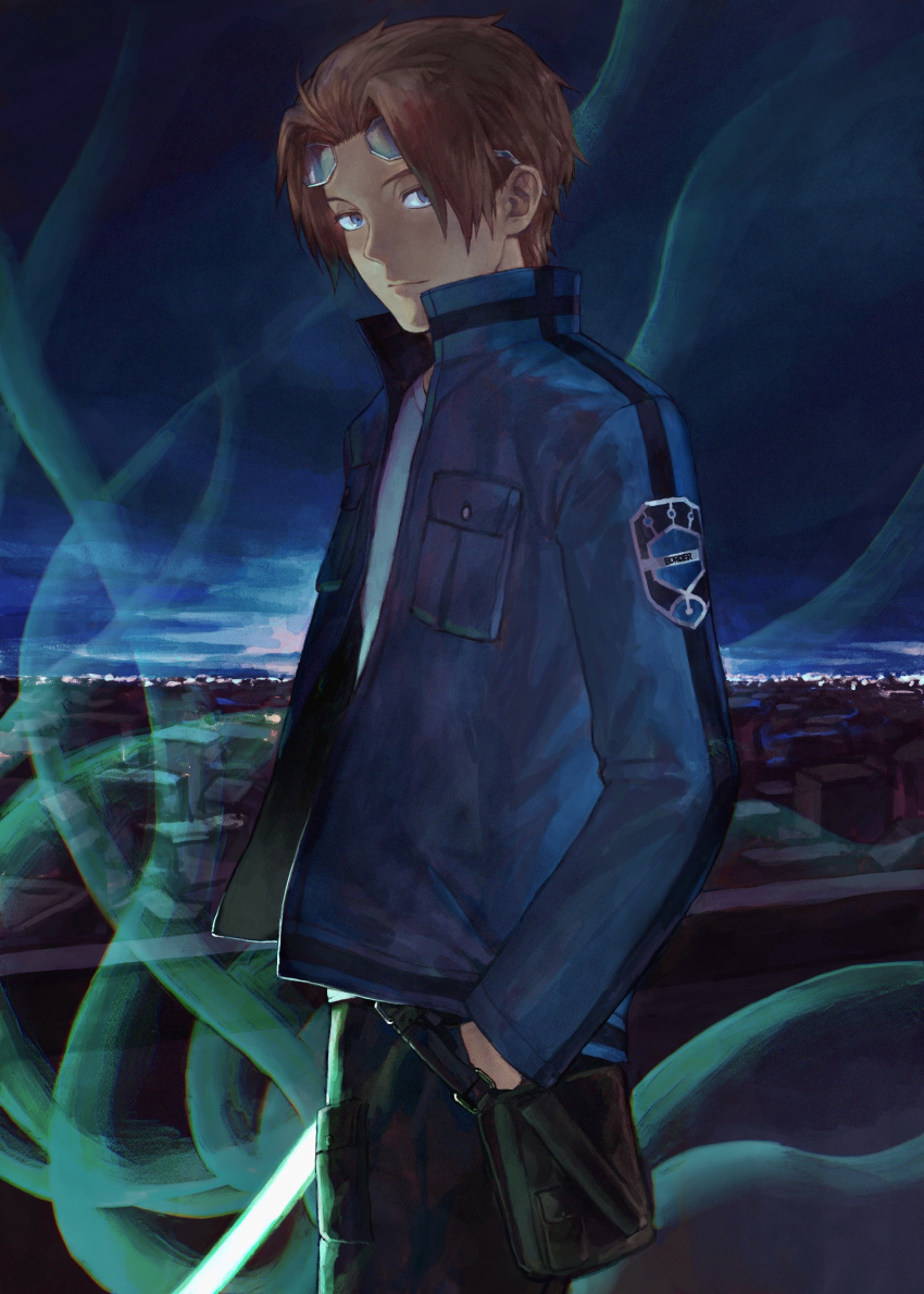 1boy absurdres black_pants blue_eyes blue_jacket brown_hair building city cityscape closed_mouth cowboy_shot expressionless eyewear_on_head glowing glowing_weapon hand_in_pocket high_collar highres holding jacket jin_yuuichi long_sleeves looking_at_viewer male_focus oki_xfourty outdoors pants rooftop shirt short_hair solo standing sword uniform weapon white_shirt world_trigger