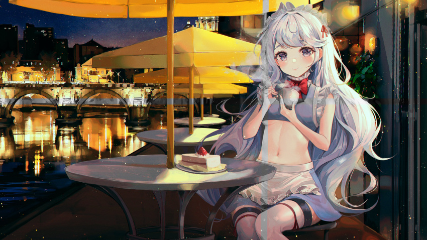 1girl absurdres apron bare_arms bare_shoulders bbeedol blue_eyes bow bowtie breasts cake cake_slice choker city_lights crop_top cup food frilled_choker frilled_shirt frills grey_shirt grey_skirt highres holding long_hair looking_at_viewer maid maid_apron maid_headdress medium_breasts midriff miniskirt navel night original outdoors revealing_clothes shirt sitting skirt sleeveless sleeveless_shirt smile solo stomach table thigh-highs under_boob very_long_hair waist_apron white_hair white_legwear wide_shot
