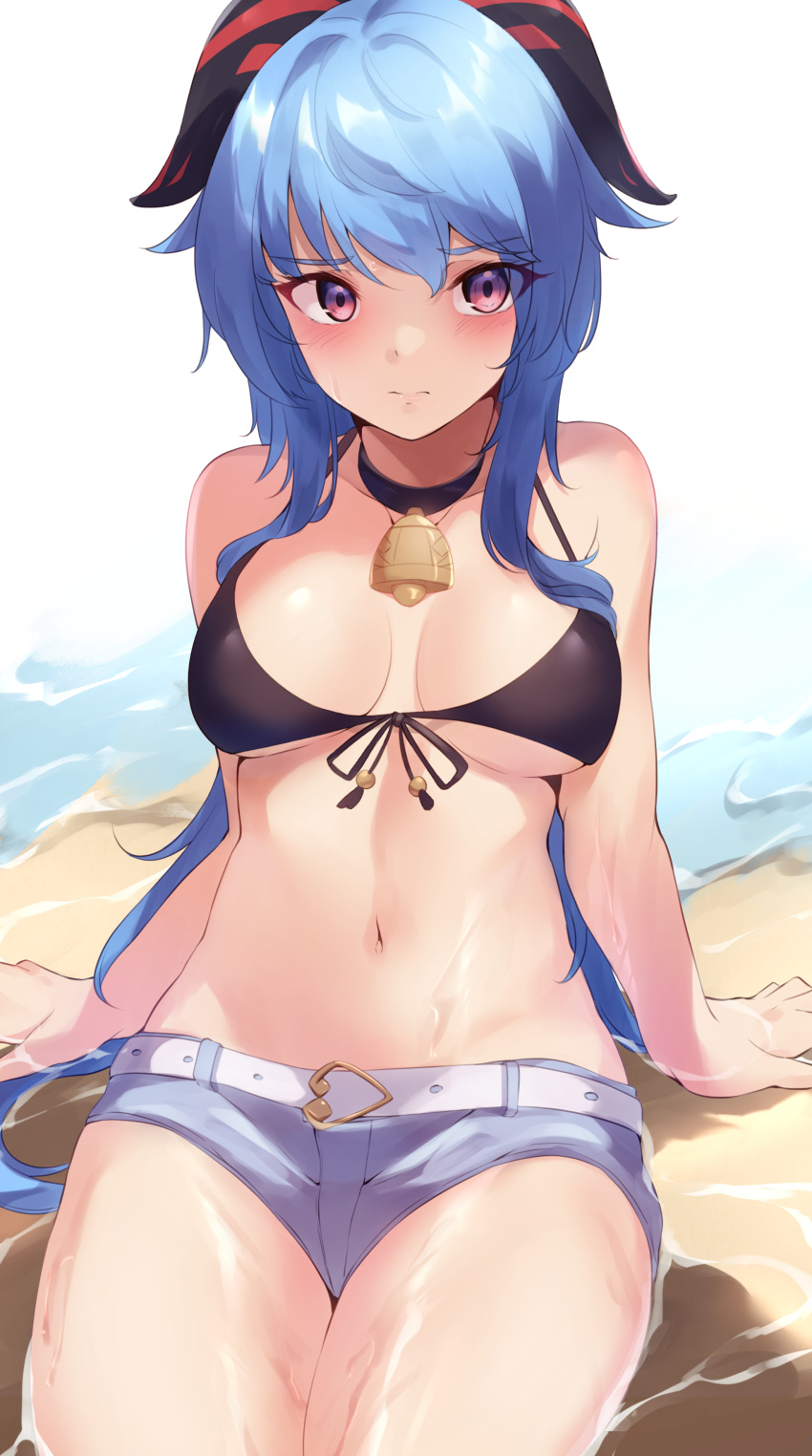 1girl absurdres arm_support bangs bare_arms bare_shoulders bell belt bikini black_bikini black_choker blue_hair blush breasts choker commentary_request cowboy_shot eyebrows_visible_through_hair front-tie_bikini front-tie_top ganyu_(genshin_impact) genshin_impact haneramu highres horns long_hair looking_at_viewer medium_breasts micro_shorts navel neck_bell pink_eyes shorts sitting solo stomach swimsuit thighs white_belt